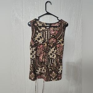 CKW Crew Knit Wear Brown with Multicolor  Design V-Neck Stretch Top Size L USA